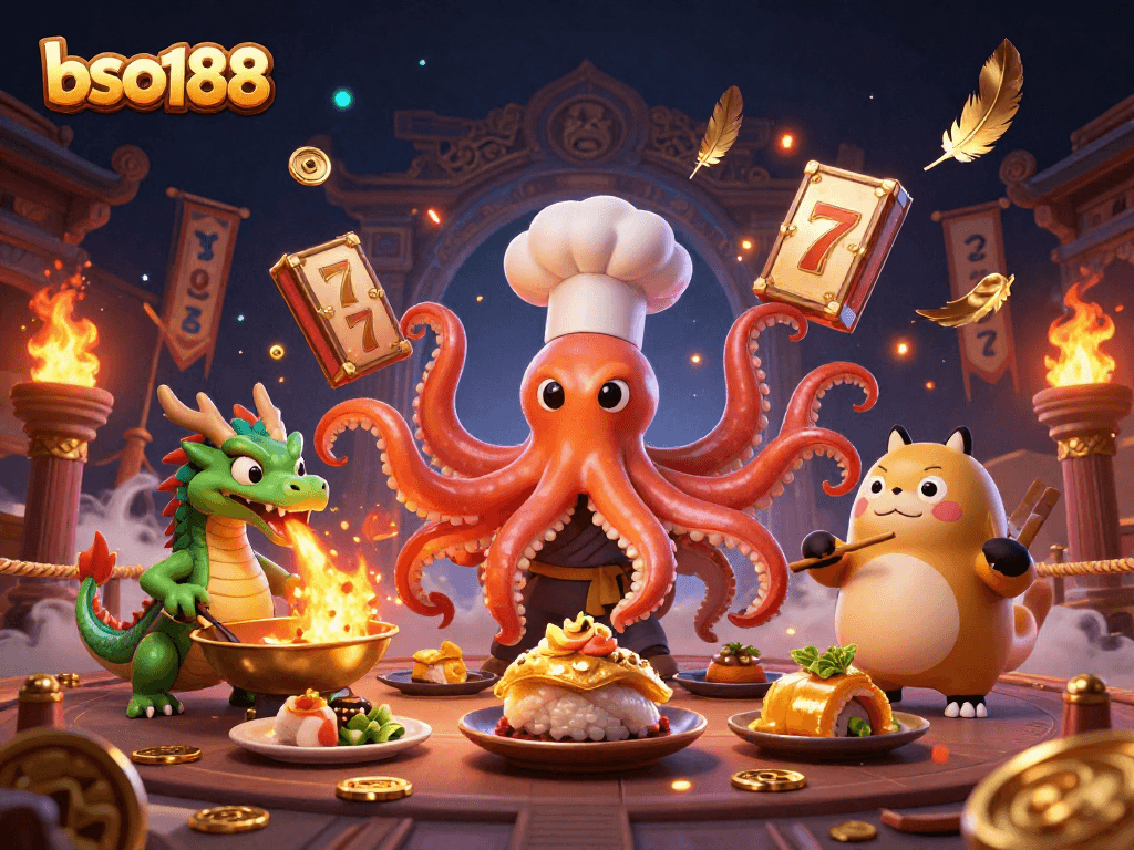 Engage with bso188's dynamic casino scene featuring a sushi chef octopus and fiery dragon.