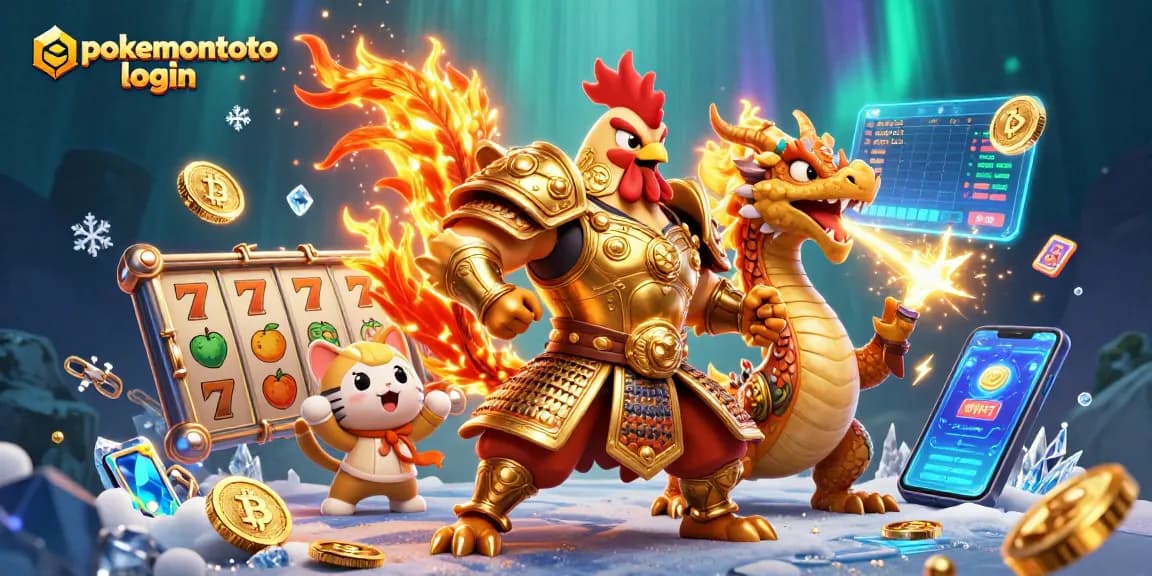Gambaran aksi menyenangkan dari pokemontoto login dengan karakter ayam pejuang dan naga di dalam suasana kasino yang menawan.