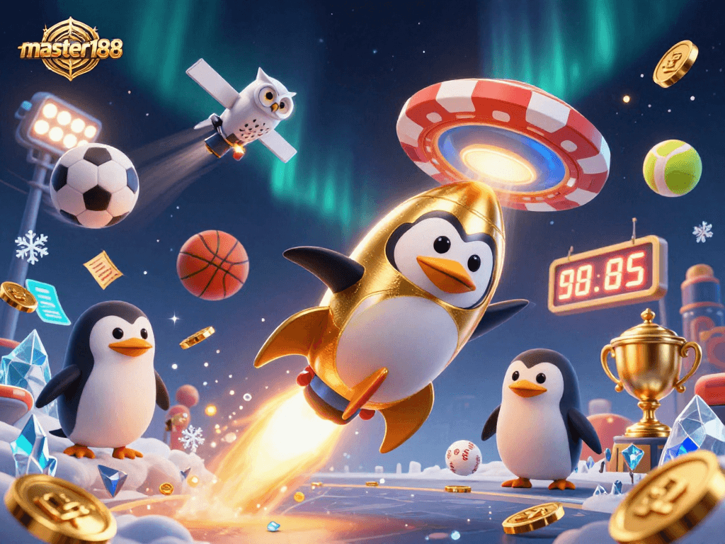 Experience thrilling action with master188 as a rocket-powered penguin flies through a casino galaxy.