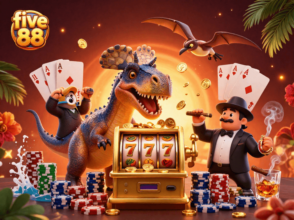 Catch the excitement at five 88 as a pachycephalosaurus triggers jackpot coins from a slot machine!