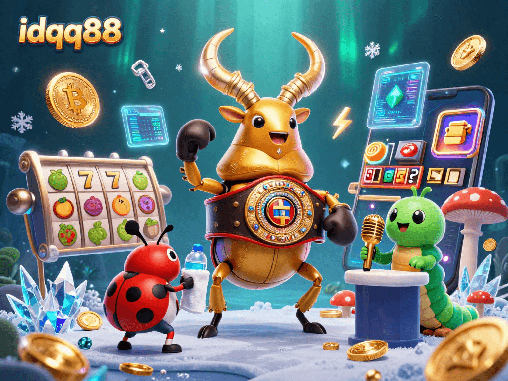Experience thrilling winning moments with idqq88 as a golden stag beetle faces off against odds in a vibrant casino scene.