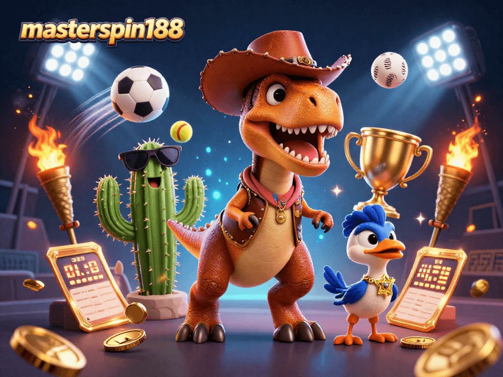 Experience thrilling bets with masterspin188, featuring a dynamic T-Rex dinosaur alongside sports elements.