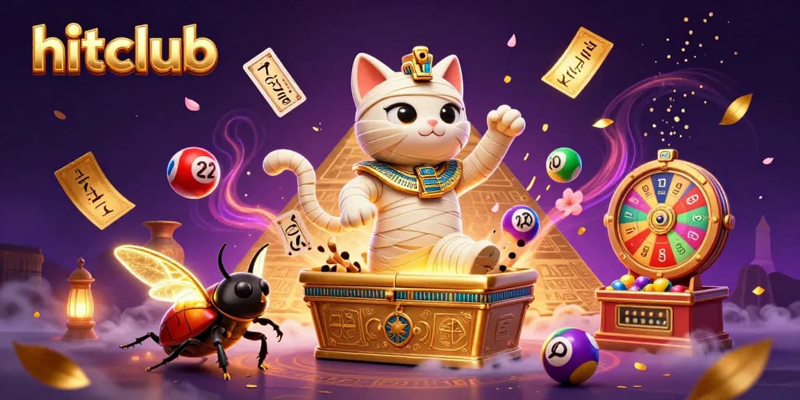 Experience the dynamic thrill of hitclub with a cartoon mummy cat and vibrant gaming elements.