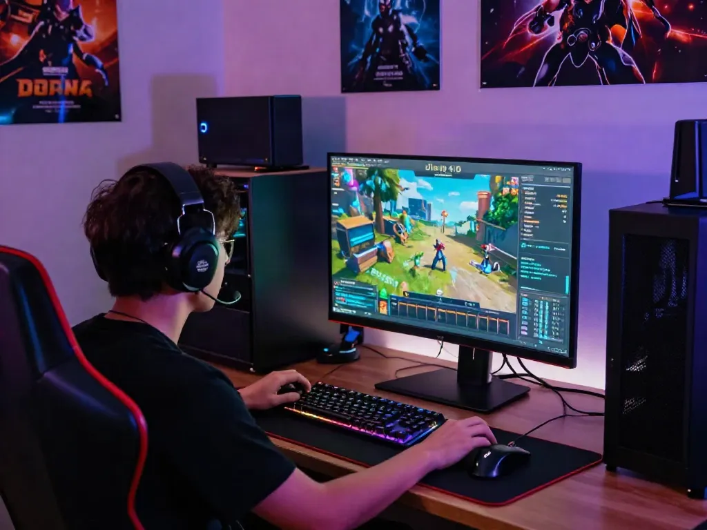 Gamer fokus bermain diana4d di ruang permainan yang terang dengan peralatan gaming lengkap.
