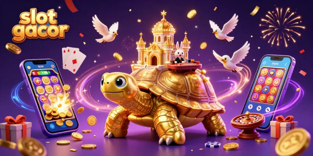 Slot gacor menunjukkan kemenangan besar dengan tortoise emas dan dealer kelinci di kasino.