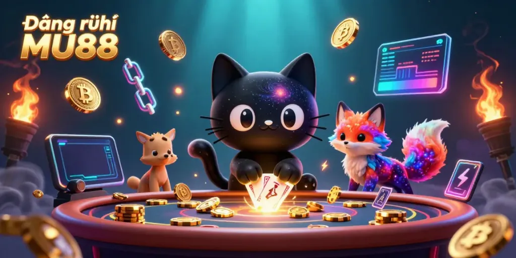 Experience the thrill of Đăng ký MU88 as a black hole cat attracts golden chips and cosmic elements in a vibrant casino atmosphere.