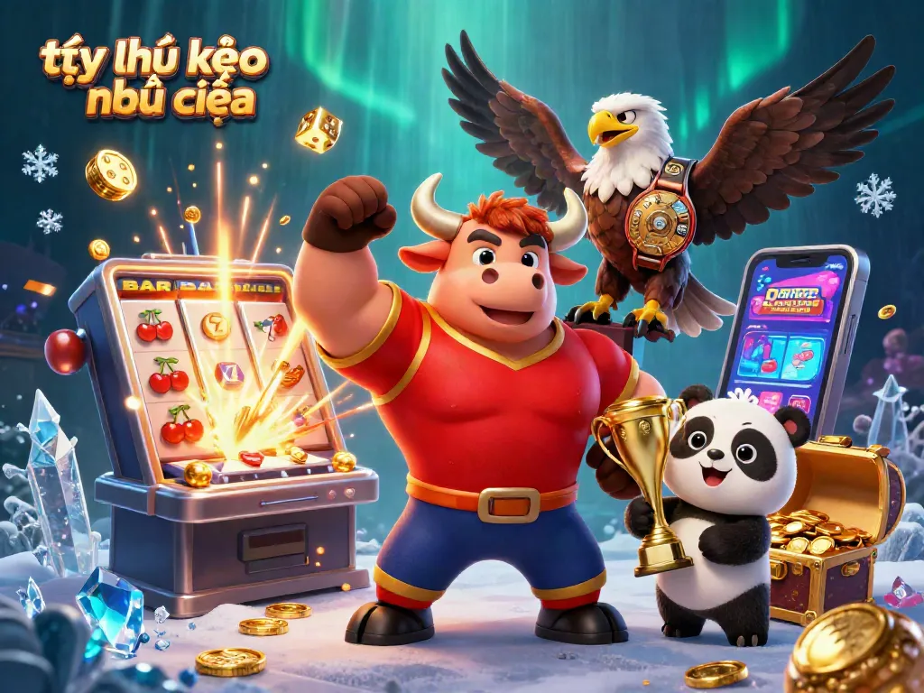 Engage with tỷ lệ kèo nhà cái in a vibrant casino scene featuring a muscular bull mascot and lively characters.