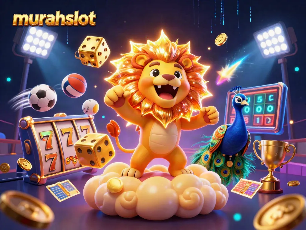 Menangkan jackpot di murahslot dengan singa kartun yang menggerumuh di awan emas.