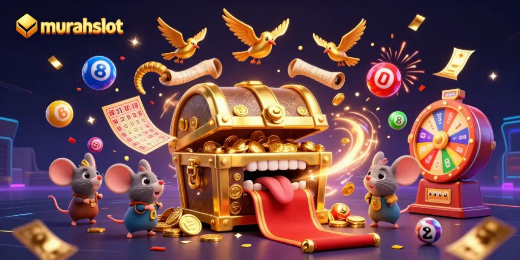 Attract eager gamers to murahslot with luring treasure chests, colorful lottery balls, and a vibrant prize wheel.