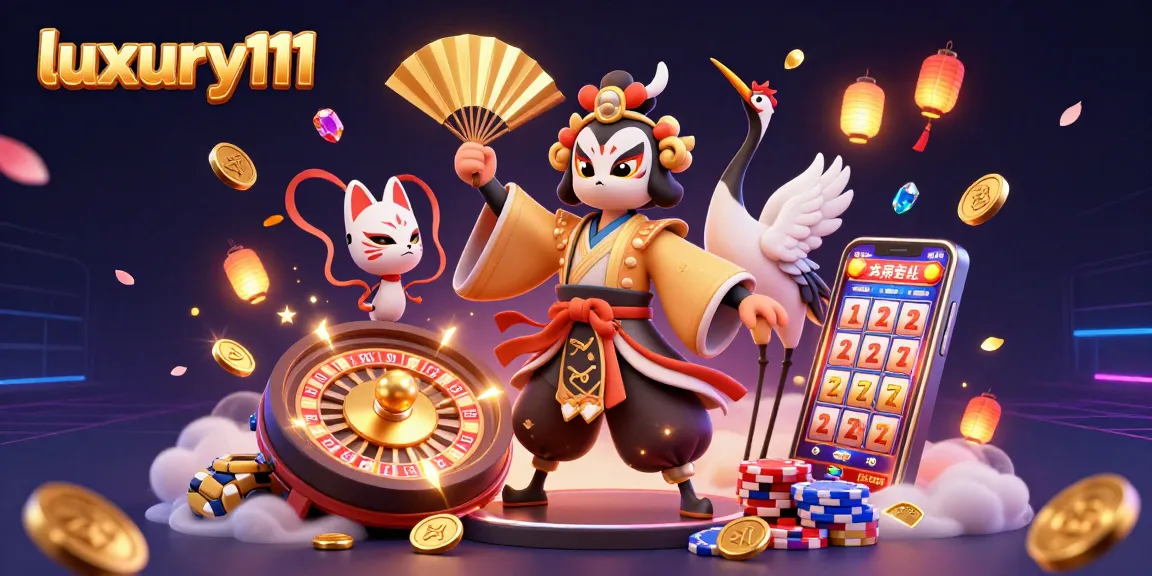 Experience the thrill of luxury111 with vibrant casino elements and dynamic characters in 3D illustration.