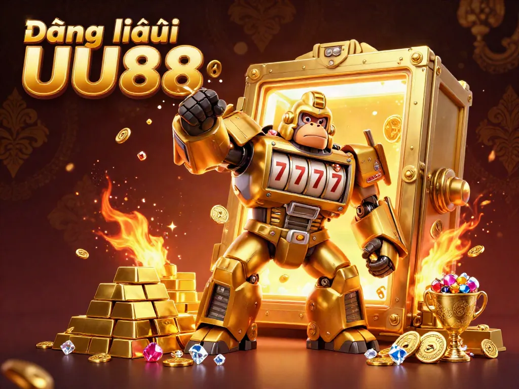 Experience the thrilling action of Đăng nhập UU88 with a golden mech and casino elements in an explosive scene.