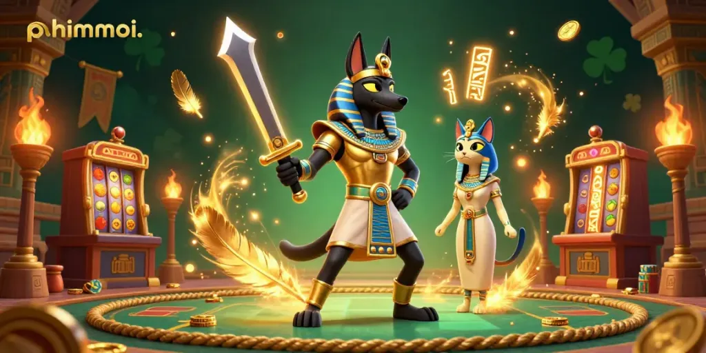 Experience the thrill of gambling with phimmoi, featuring Anubis and Bastet in a dazzling 3D illustration.