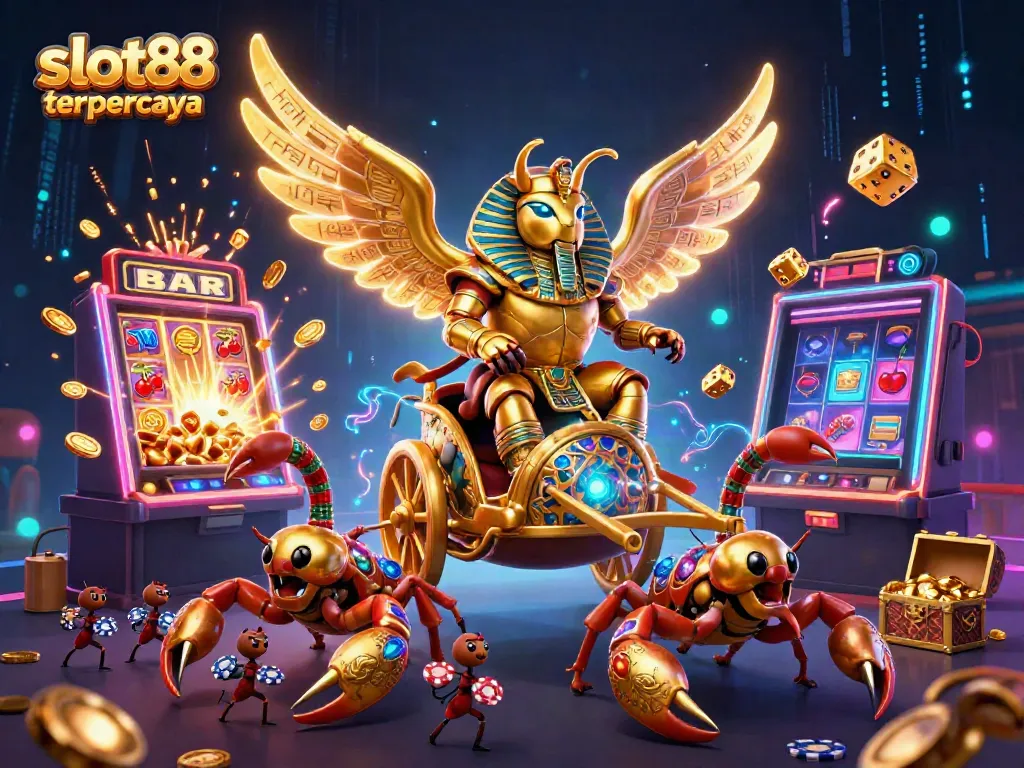 Engage in thrilling gameplay with slot88 terpercaya, featuring a dynamic scene of rich 3D characters and vibrant casino elements.