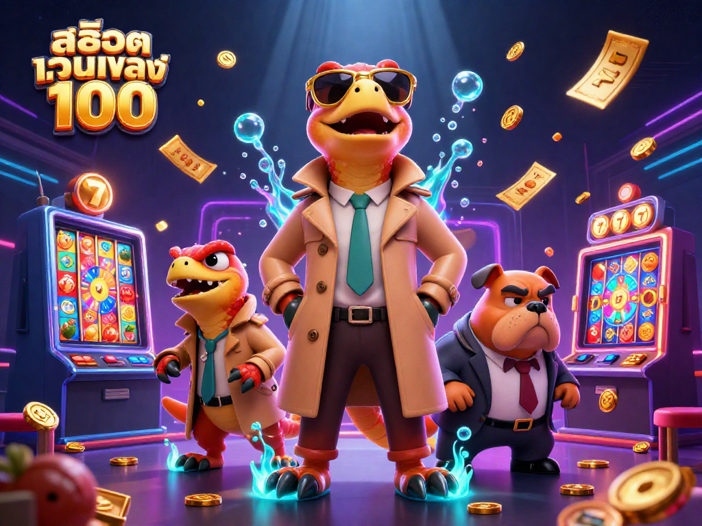 Playing สล็อตเว็บตรง100 slots with cartoon raptors in casino scene full of vibrant gaming elements.