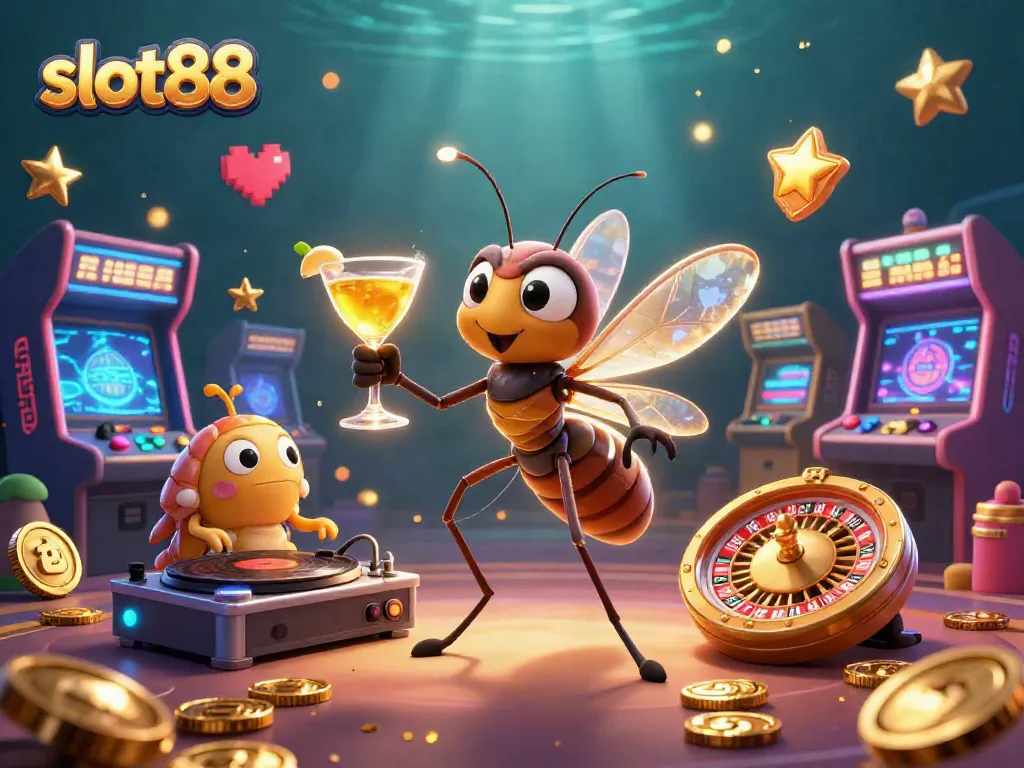 Menghadirkan pengalaman bermain slot88, ilustrasi fantasi kasino menampilkan karakter unik dan elemen permainan yang menarik.