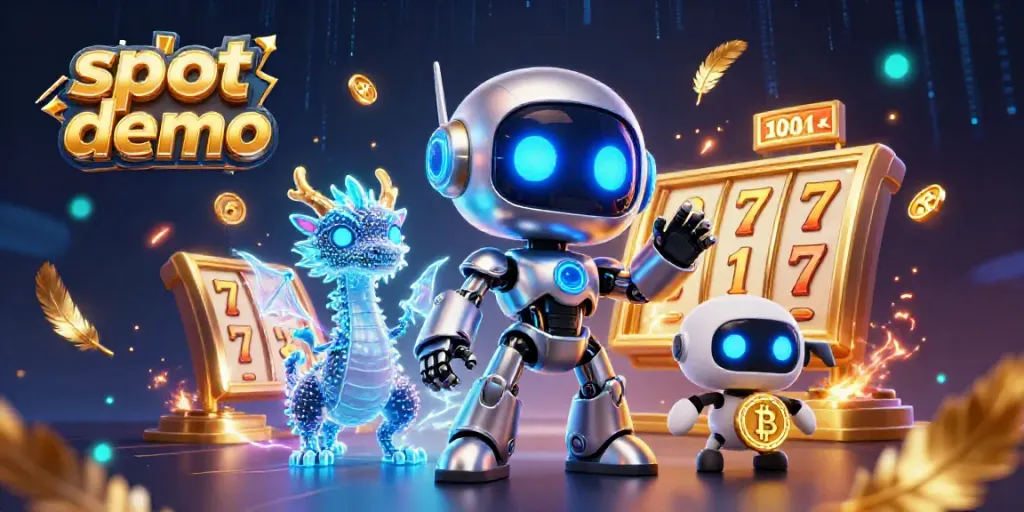 Slot demo interaktif dengan robot cyberpunk dan naga holografik di kasino digital.