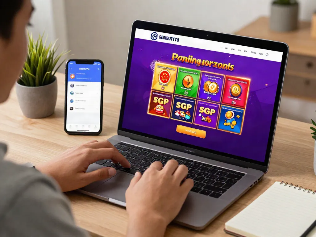 Engaging SERIBUTOTO online lottery experience with user-friendly interface on a laptop, showcasing colorful lottery results.