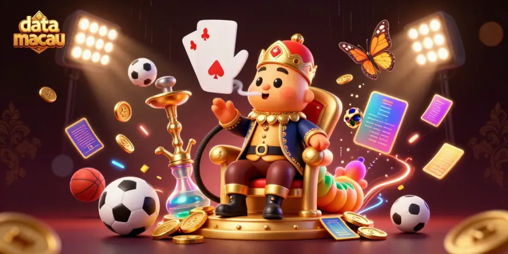 Melihat data macau 2026, ilustrasi ceria kasino dengan karakter unik dan elemen taruhan.