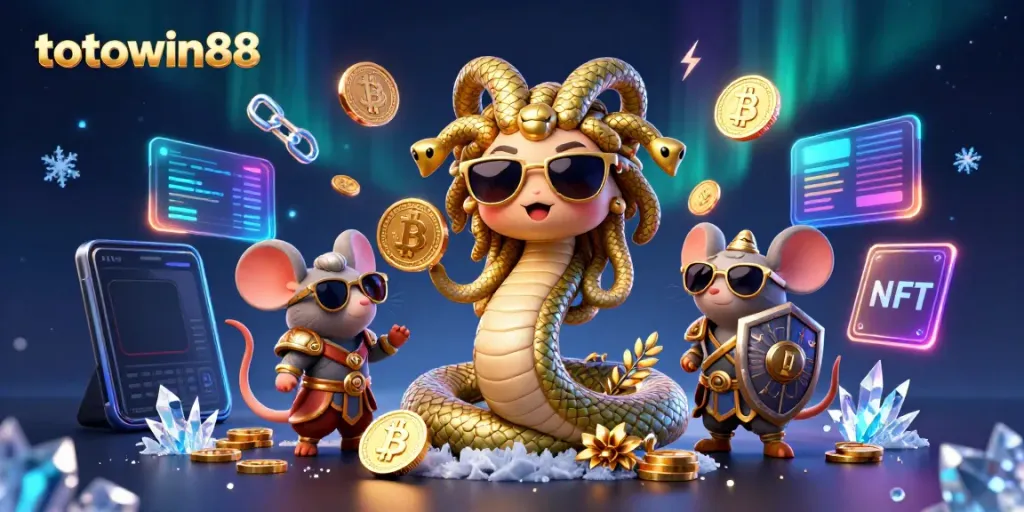 Mainkan permainan judi dengan totowin88, ilustrasi Medusa dan koin crypto menyemarakkan suasana.