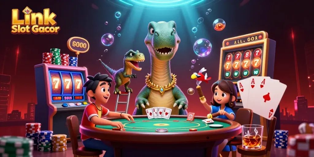 Engage with Link Slot Gacor in a vibrant casino scene featuring dynamic slot elements and creative characters.