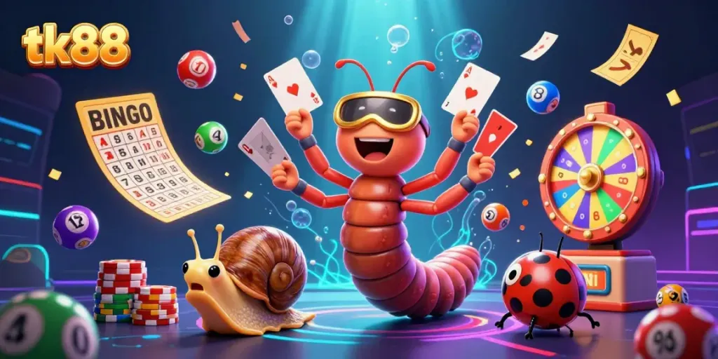 Experience the excitement of tk88 in this dynamic 3D casino illustration featuring a colorful dealer and vibrant game elements.