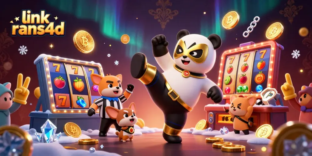 Permainan slot seru dengan link rans4d, menggambarkan panda pegulat terbang dan penonton hewan kecil.