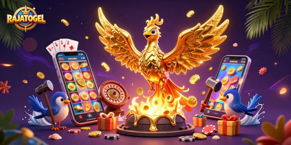 Engage with RAJATOGEL's thrilling gaming adventure featuring a golden phoenix and vibrant slot games.