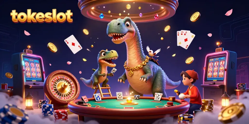 Gambarkan tokeslot dengan ilustrasi 3D brontosaurus dan raptor dalam kasino yang megah.