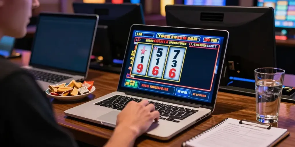 Permainan slot online NAGAHOKI303 dengan pemain fokus pada gulungan berputar.