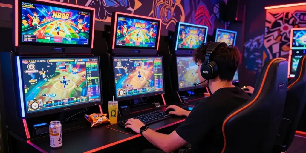 Engaged player enjoying slot88 gaming on dual monitors with colorful graphics