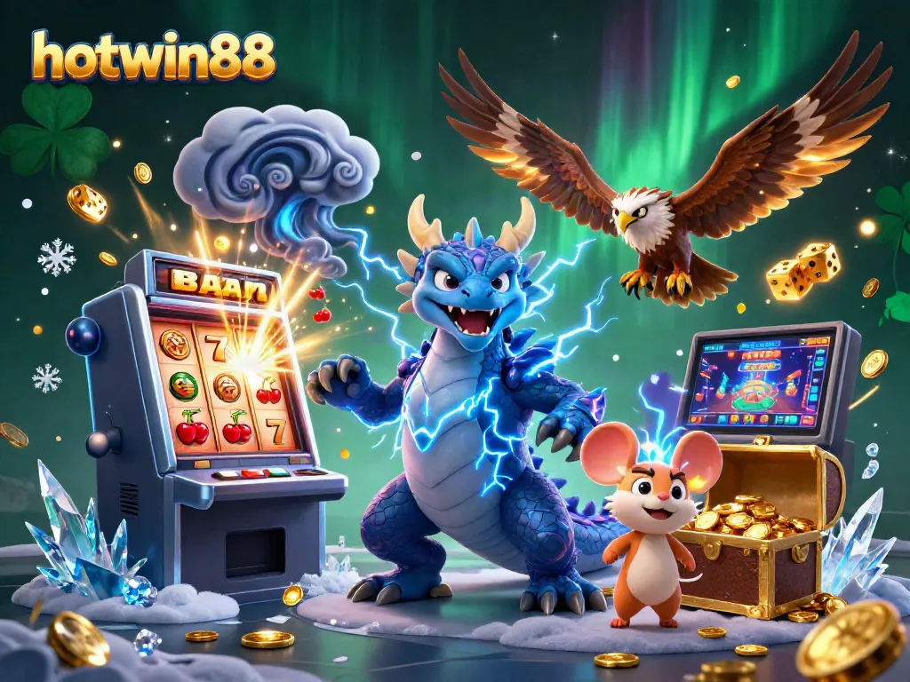 Menangkan jackpot di hotwin88 dengan simbol slot yang menarik dan karakter dinamis dalam ilustrasi kasino.
