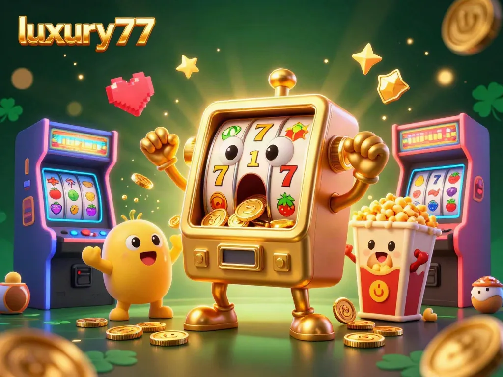 Spin the reels and win big with luxury777's exciting casino-themed 3D illustration filled with slot machines.