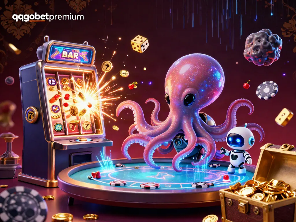 Experience thrilling gameplay at qqgobetpremium with an alien octopus managing a holographic poker table.