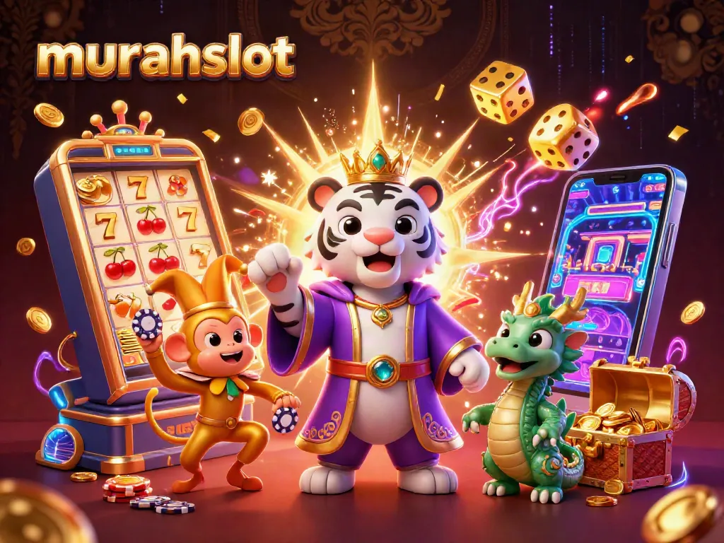 Experience the excitement of murahslot with a vibrant 3D casino scene featuring lively characters and jackpot elements.