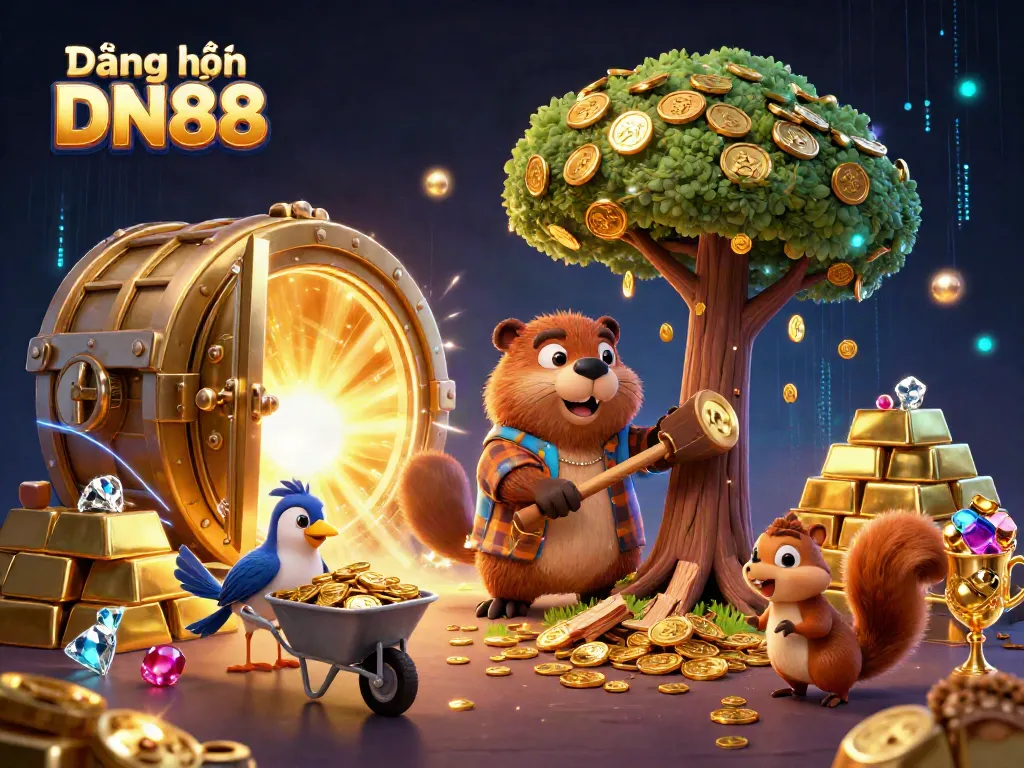 Engage in thrilling action with Đăng nhập DN88, featuring a playful beaver, collecting golden coins in a vibrant casino scene.