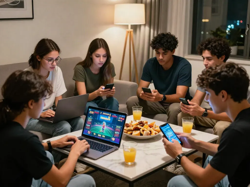 Friends enjoying a fun gaming session on Unsurtoto in a cozy lounge.