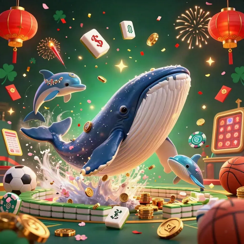 Paus kartun raksasa, narwhal, dan lumba-lumba di lautan koin dengan efek jackpot neon.