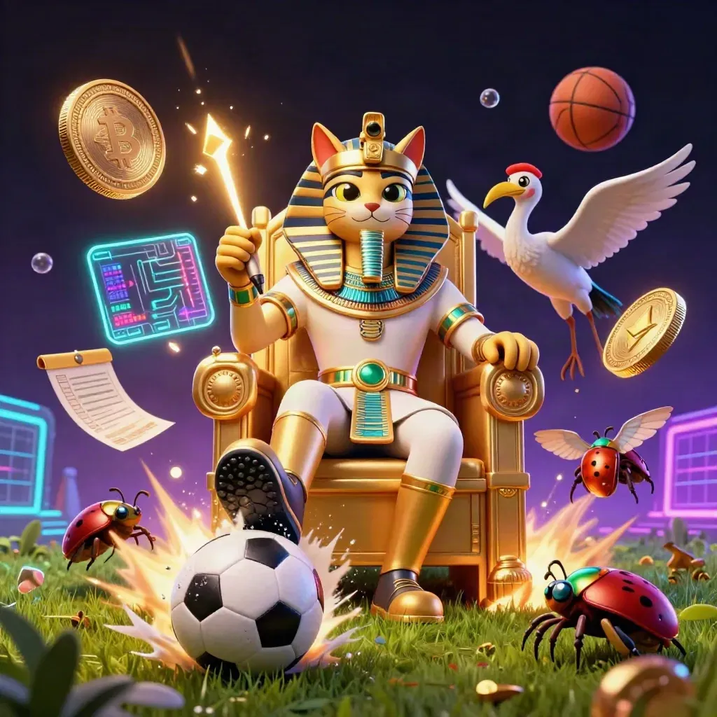 Kucing firaun emas, ibis, dan scarab di atas bola sepak dengan kilau kasino neon.