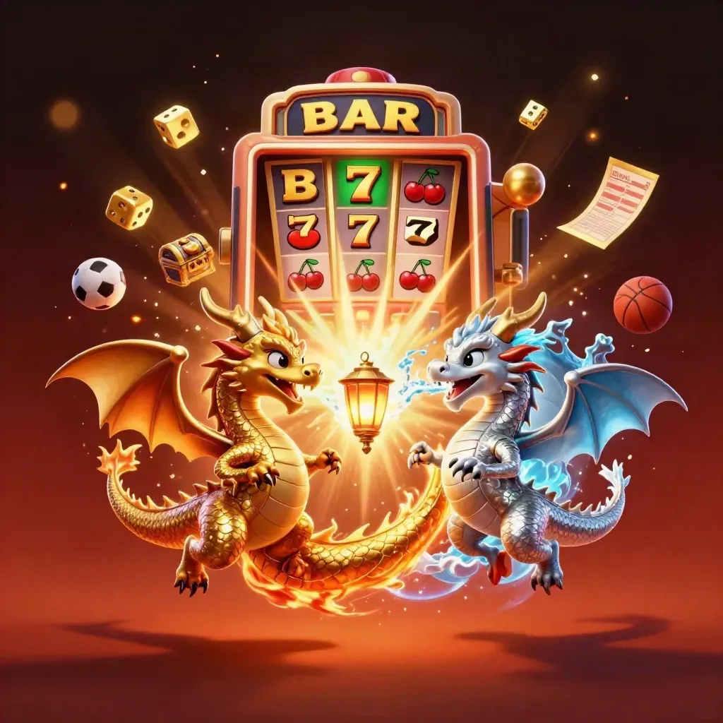 Dua naga 3D emas dan perak terbang, dikelilingi mesin slot, bola, dadu, dan cahaya emas.