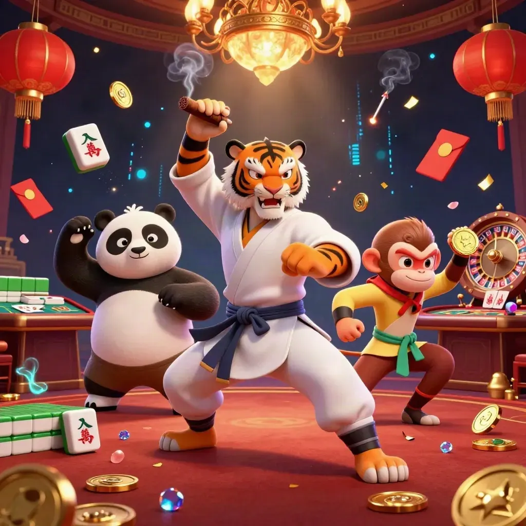 Harimau kung-fu, panda, dan monyet di meja kasino emas, dikelilingi lampion dan efek neon.