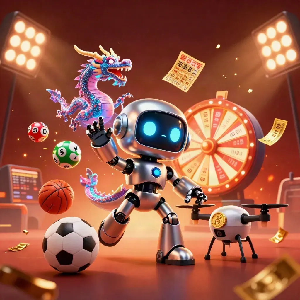 Robot cyberpunk, naga holografik, drone koin, bola dan tiket emas di latar merah mewah.