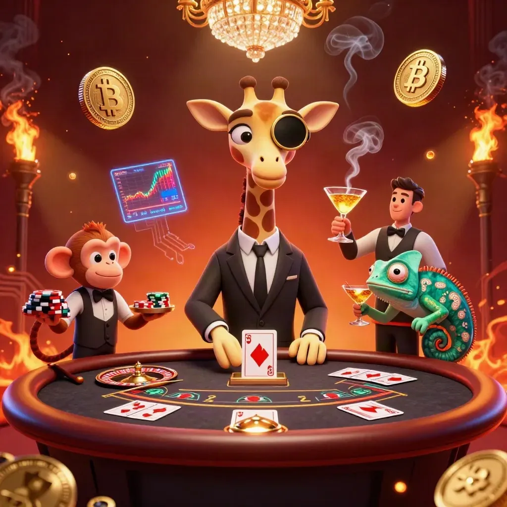 Jerapah jas, monyet valet, dan bartender bunglon di meja kasino mewah dengan koin kripto bercahaya.