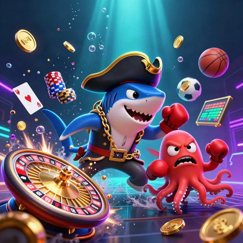 Kapten hiu bajak laut, pufferfish marah, dan gurita kecil dikelilingi koin emas dan chip neon.