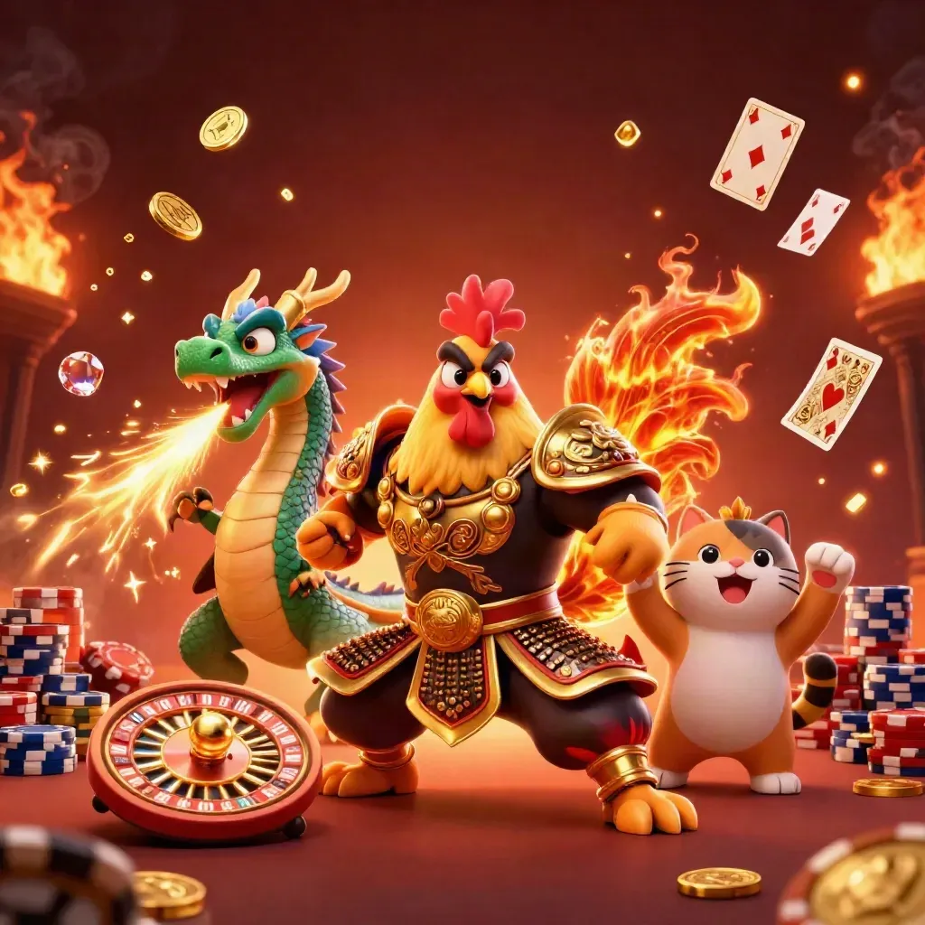 Ayam samurai, naga kecil, dan kucing hoki dikelilingi koin, kartu, dan chip emas.