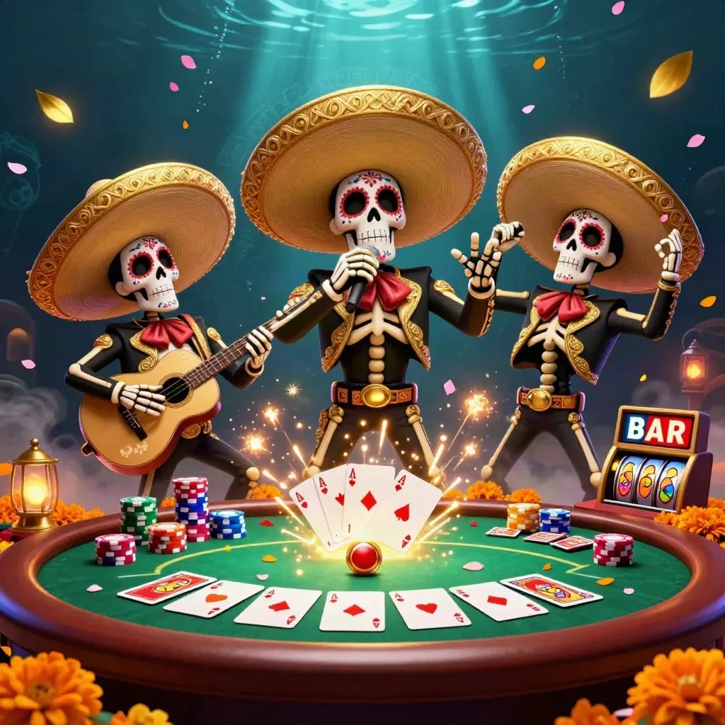 Tiga kerangka mariachi emas dikelilingi chip, kartu, dan efek kasino neon.