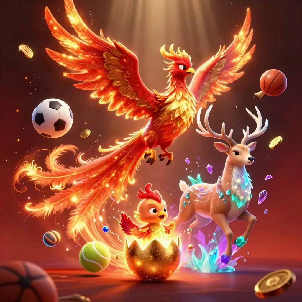 Phoenix api, rusa kristal, dan bayi phoenix di antara emas, koin, dan cahaya neon.