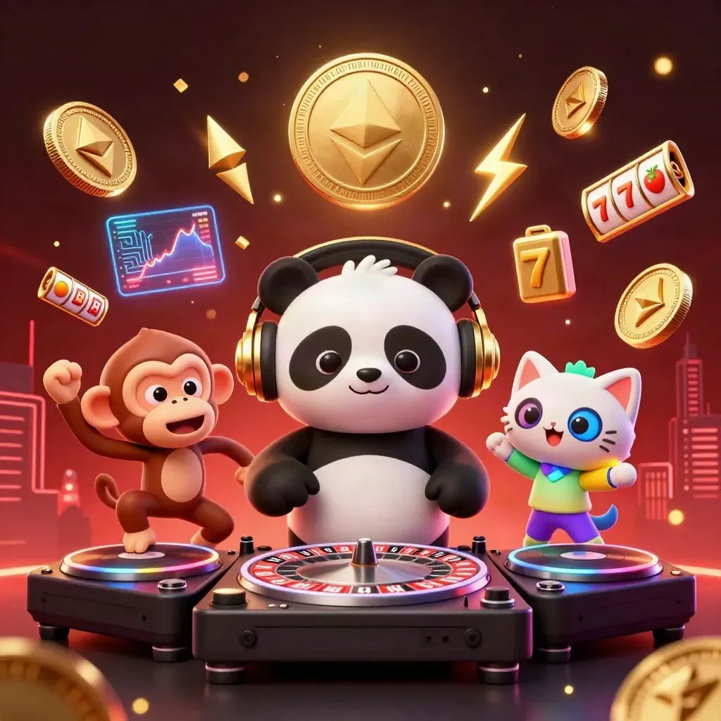 Panda DJ emas, monyet breakdance, dan anak kucing rave dikelilingi koin kripto dan kilat neon.