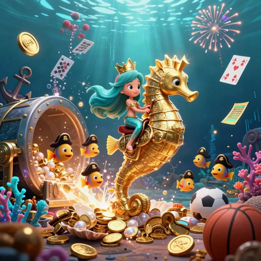 Putri duyung kartun menunggang kuda laut emas di cove harta, koin, bola, dan neon.