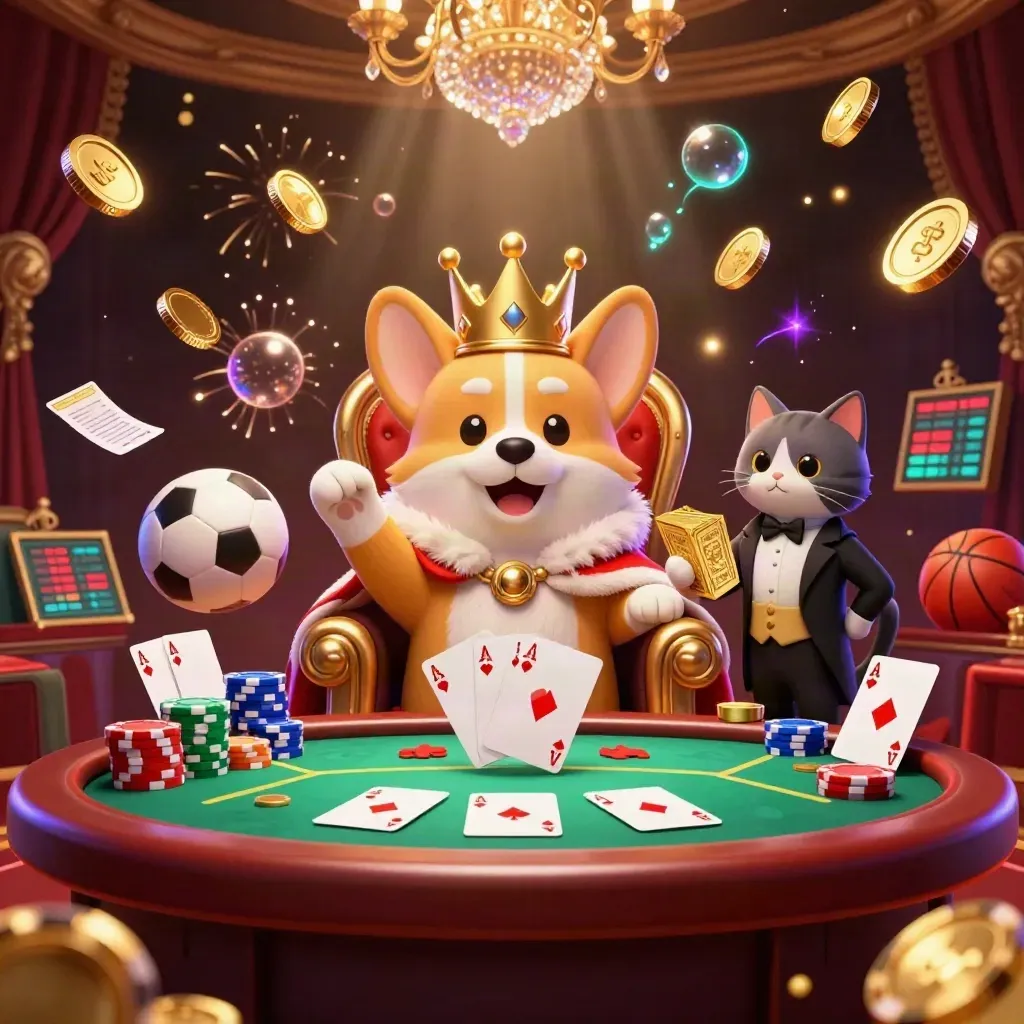 Korgi raja dan kucing butler di singgasana chip, koin emas, kartu, bola olahraga, cahaya mewah.