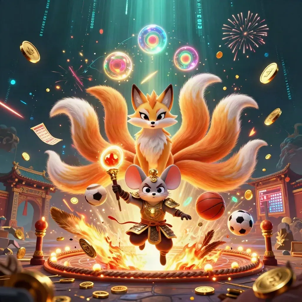 Kitsune sembilan ekor dan tikus samurai emas di tengah ledakan koin, ring dan kuil neon.